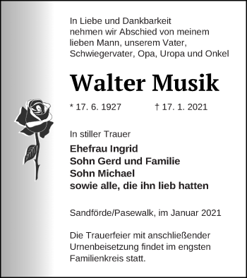 Traueranzeige von Walter Musik von Pasewalker Zeitung