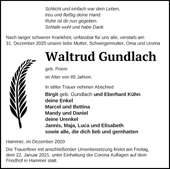 Traueranzeige von Waltrud Gundlach von Haff-Zeitung