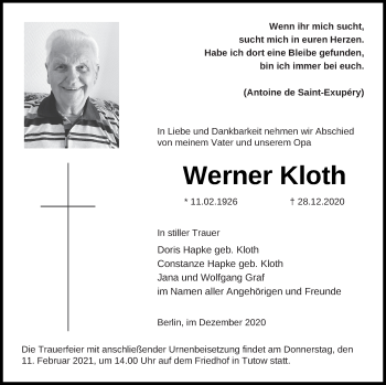 Traueranzeige von Werner Kloth von Vorpommern Kurier