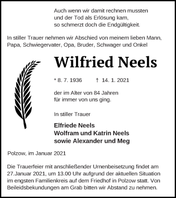 Traueranzeige von Wilfried Neels von Pasewalker Zeitung