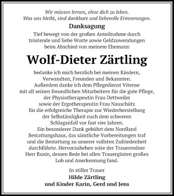 Traueranzeige von Wolf-Dieter Zärtling von Pasewalker Zeitung