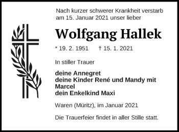 Traueranzeige von Wolfgang Hallek von Müritz-Zeitung