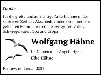 Traueranzeige von Wolfgang Hähne von Vorpommern Kurier