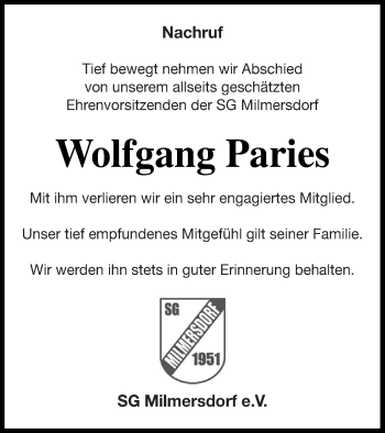 Traueranzeige von Wolfgang Paries von Templiner Zeitung