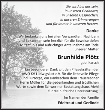 Traueranzeige von Brunhilde Plötz von Zeitung für die Landeshauptstadt