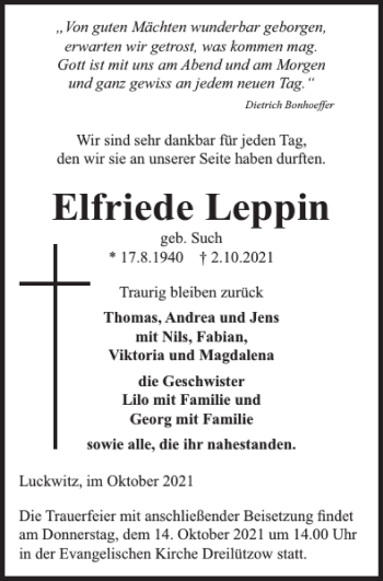 Traueranzeige von Elfriede Leppin von Hagenower Kreisblatt