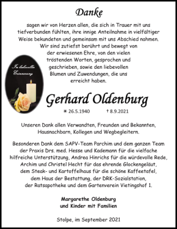 Traueranzeige von Gerhard Oldenburg von Parchimer Zeitung