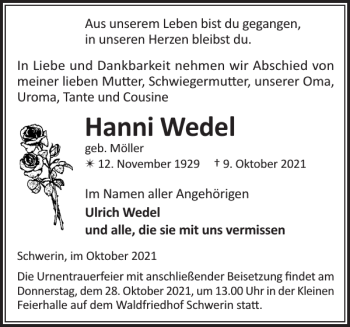 Traueranzeige von Hanni Wedel von Gadebusch-Rehnaer Zeitung