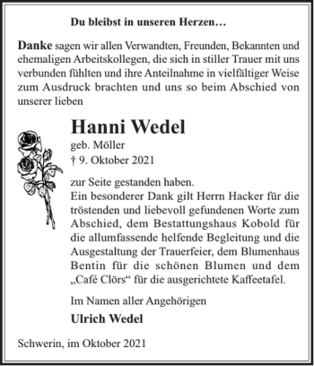 Traueranzeige von Hanni Wedel von Zeitung für die Landeshauptstadt