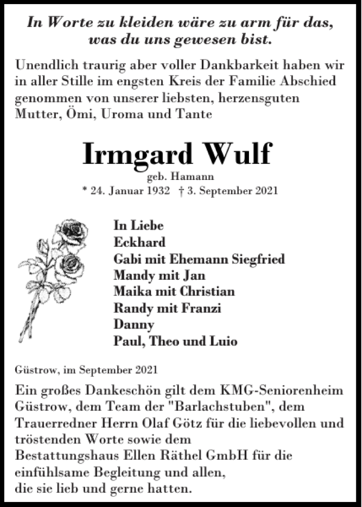  Traueranzeige für Irmgard Wulf vom 02.10.2021 aus Güstrower Anzeiger