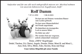 Traueranzeige von Rolf Damm von Norddeutsche Neueste Nachrichten