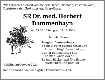 Traueranzeige von SR Dr. med. Herbert Dammenhayn von Hagenower Kreisblatt