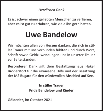 Traueranzeige von Uwe Bandelow von Norddeutsche Neueste Nachrichten