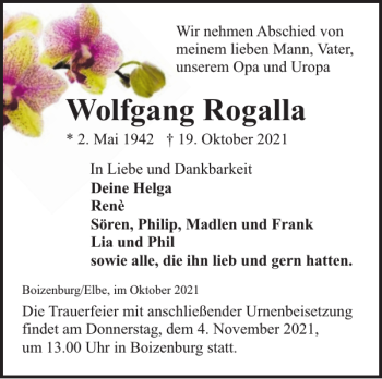 Traueranzeige von Wolfgang Rogalla von Hagenower Kreisblatt