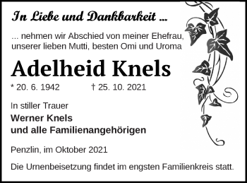 Traueranzeige von Adelheid Knels von Müritz-Zeitung