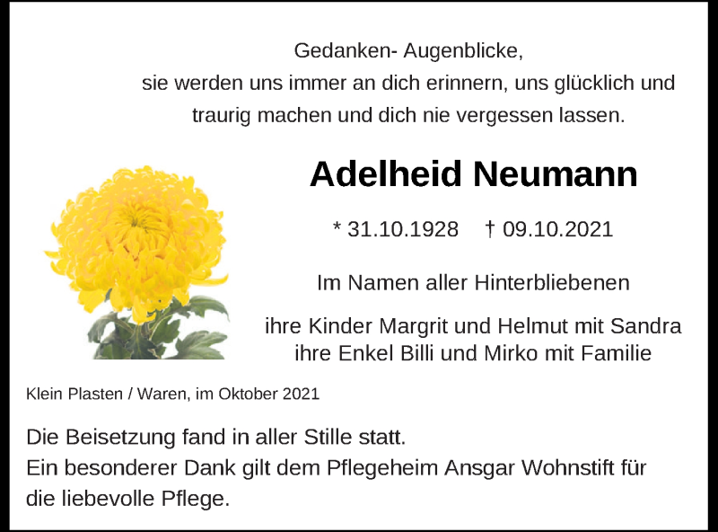  Traueranzeige für Adelheid Neumann vom 15.10.2021 aus Müritz-Zeitung