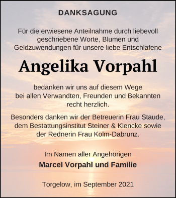 Traueranzeige von Angelika Vorpahl von Haff-Zeitung