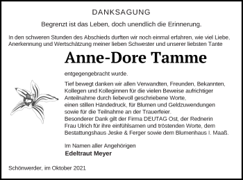 Traueranzeige von Anne-Dore Tamme von Prenzlauer Zeitung