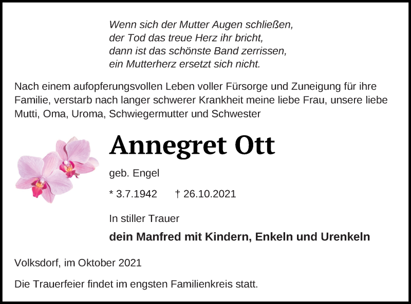  Traueranzeige für Annegret Ott vom 29.10.2021 aus Demminer Zeitung