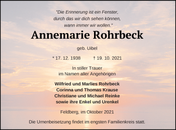 Traueranzeige von Annemarie Rohrbeck von Strelitzer Zeitung