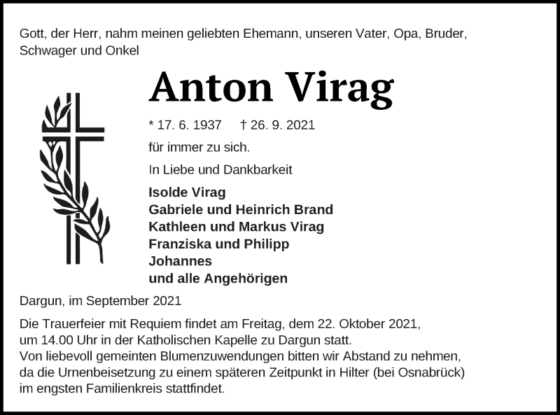  Traueranzeige für Anton Virag vom 09.10.2021 aus Mecklenburger Schweiz