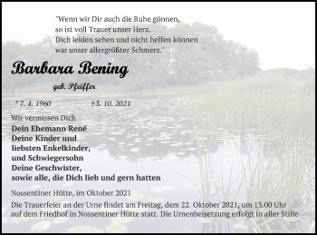 Traueranzeige von Barbara Bening von Müritz-Zeitung