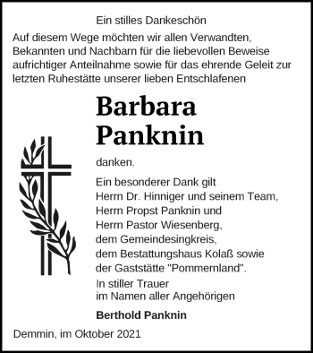 Traueranzeige von Barbara Panknin von Vorpommern Kurier