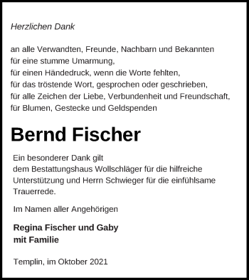 Traueranzeige von Bernd Fischer von Templiner Zeitung