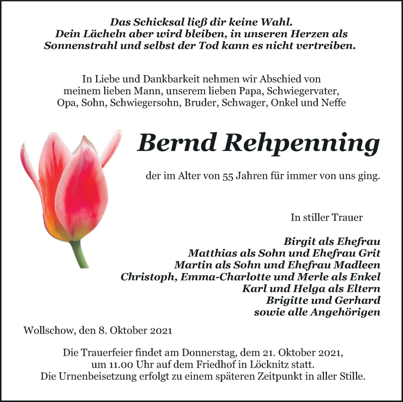  Traueranzeige für Bernd Rehpenning vom 14.10.2021 aus Pasewalker Zeitung