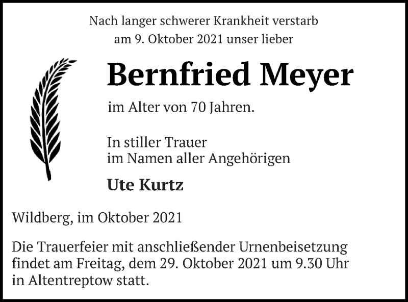  Traueranzeige für Bernfried Meyer vom 13.10.2021 aus Neubrandenburger Zeitung