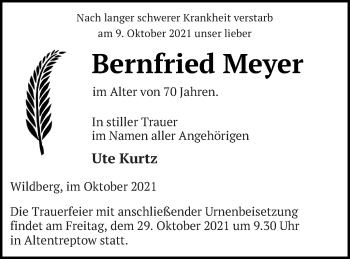 Traueranzeige von Bernfried Meyer von Neubrandenburger Zeitung