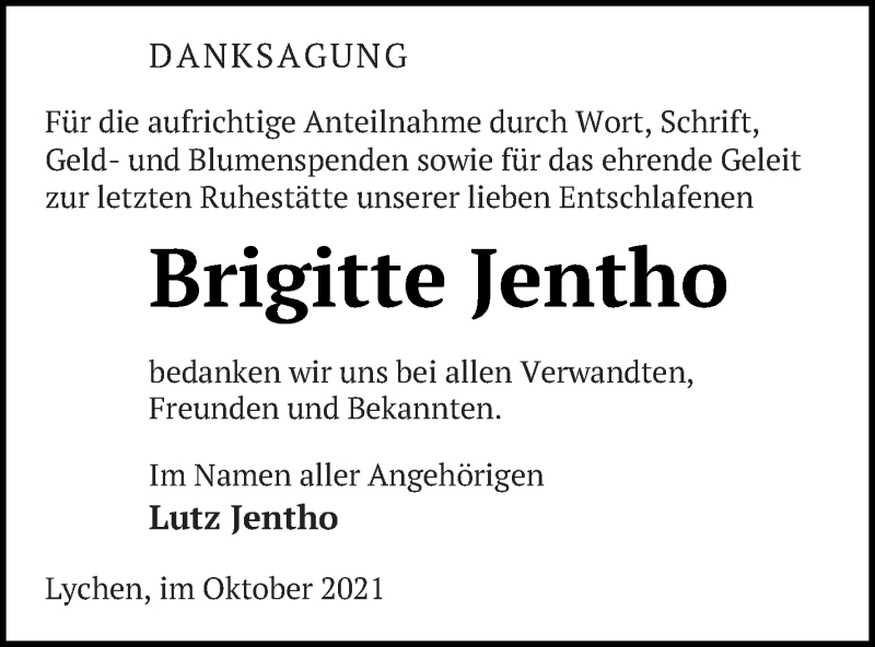  Traueranzeige für Brigitte Jentho vom 28.10.2021 aus Templiner Zeitung