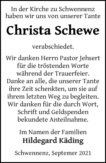 Traueranzeige von Christa Schewe von Pasewalker Zeitung