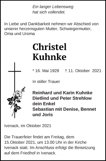 Traueranzeige von Christel Kuhnke von Mecklenburger Schweiz