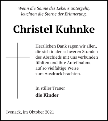 Traueranzeige von Christel Kuhnke von Mecklenburger Schweiz