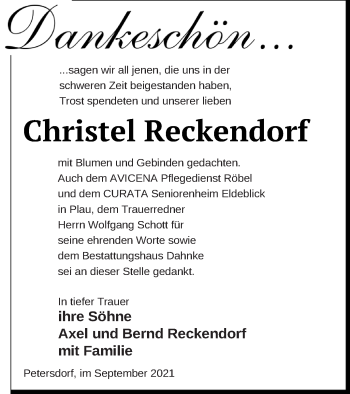 Traueranzeige von Christel Reckendorf von Müritz-Zeitung