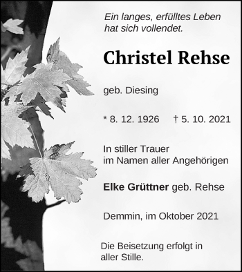 Traueranzeige von Christel Rehse von Demminer Zeitung