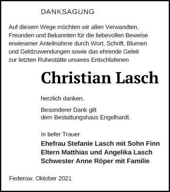 Traueranzeige von Christian Lasch von Müritz-Zeitung