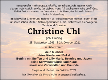 Traueranzeige von Christine Uhl von Vorpommern Kurier