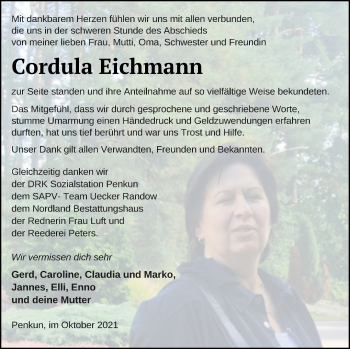 Traueranzeige von Cordula Eichmann von Pasewalker Zeitung