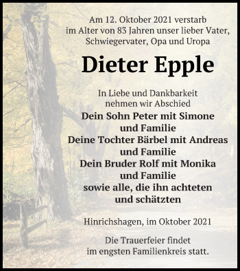 Traueranzeige von Dieter Epple von Strelitzer Zeitung