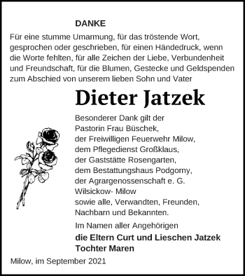 Traueranzeige von Dieter Jatzek von Pasewalker Zeitung