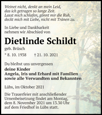 Traueranzeige von Dietlinde Schildt von Vorpommern Kurier