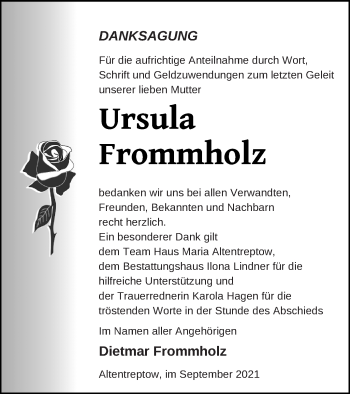 Traueranzeige von Ursula Frommholz von Neubrandenburger Zeitung