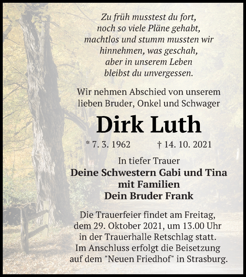  Traueranzeige für Dirk Luth vom 21.10.2021 aus Neubrandenburger Zeitung