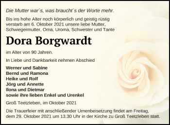 Traueranzeige von Dora Borgwardt von Neubrandenburger Zeitung