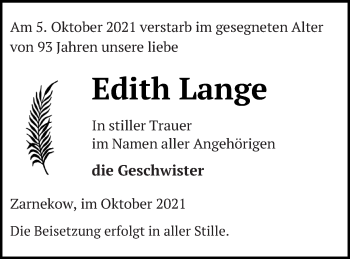 Traueranzeige von Edith Lange von Demminer Zeitung