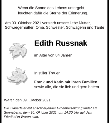Traueranzeige von Edith Russnak von Müritz-Zeitung