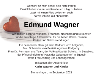 Traueranzeige von Edmund Wagner von Pasewalker Zeitung