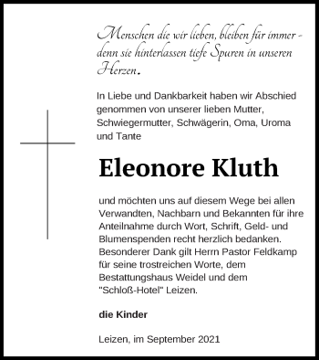 Traueranzeige von Eleonore Kluth von Müritz-Zeitung